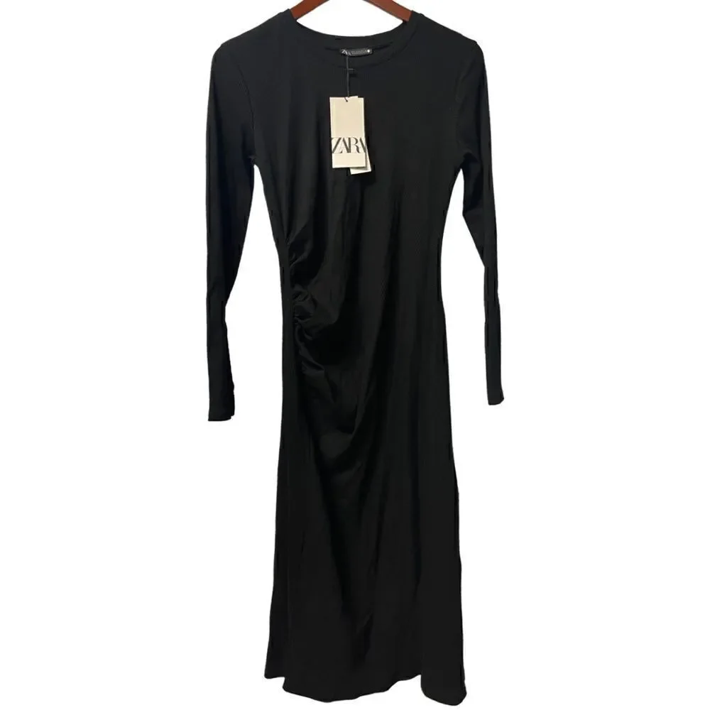 Zara Ruched Black Dress Size Large